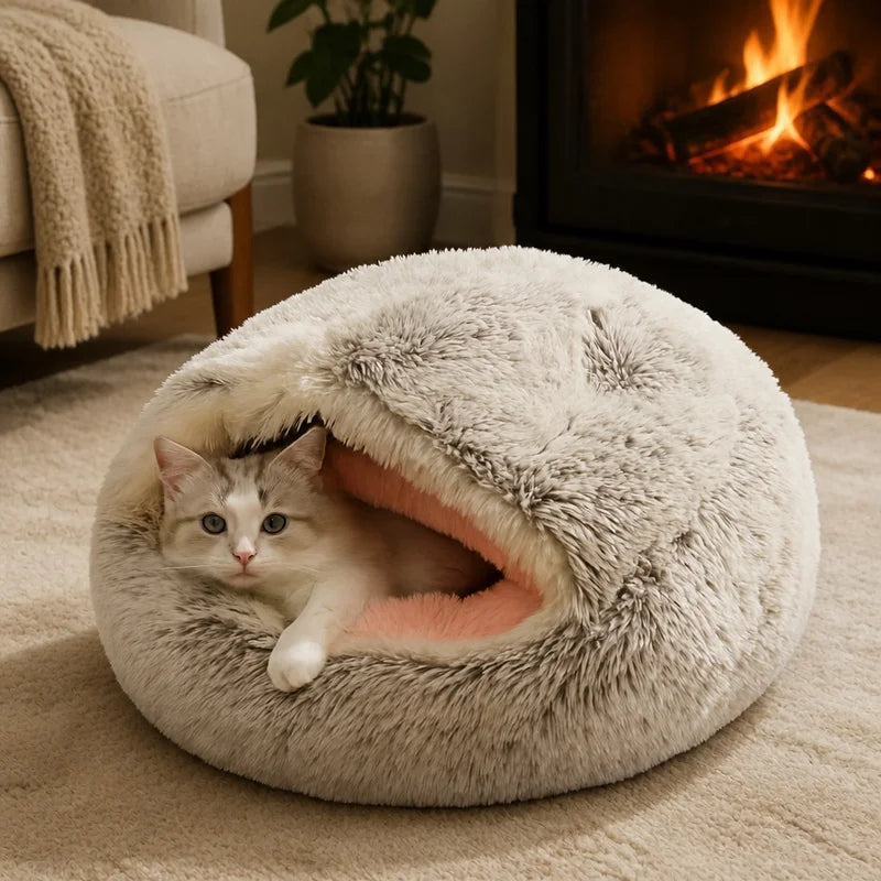 Winter Plush Pet Cave Bed with Soft Fleece Interior